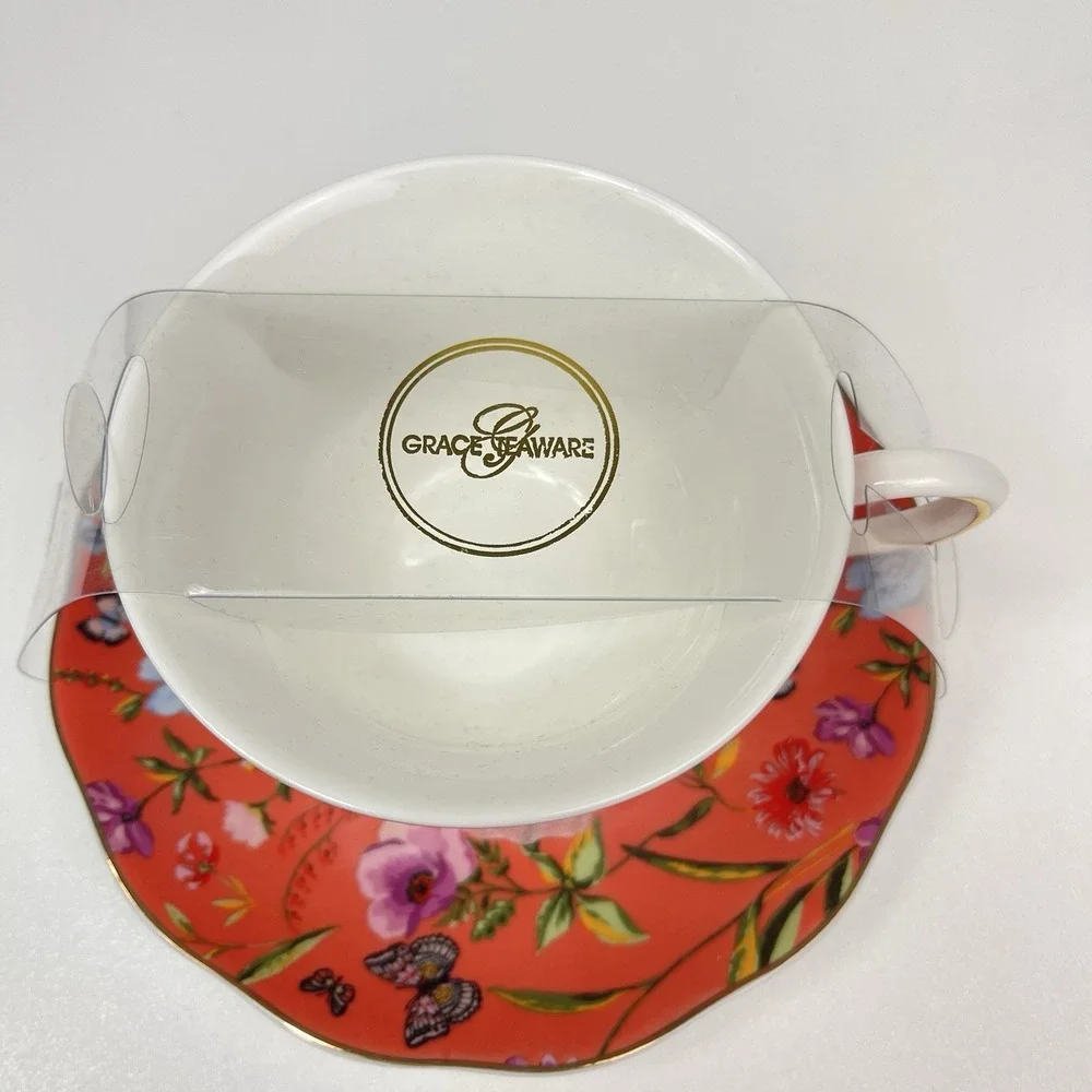 Grace Teaware Orange Floral Butterfly Teacup Saucer Set Gold Rim‎ Fine Porcelain